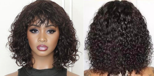 Wear and Go Glueless Wig Kinky Curly Wigs Short Curly Bob Human Hair Wigs for Women 180% Density Brazilian Unprocessed Virgin Human Hair Wigs with Bangs Natural Color