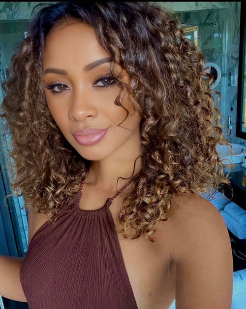 Wear and Go Glueless Wig Kinky Curly Wigs Short Curly Bob Human Hair Wigs for Women 180% Density Brazilian Unprocessed Virgin Human Hair Wigs with Bangs Ombre Brown Color