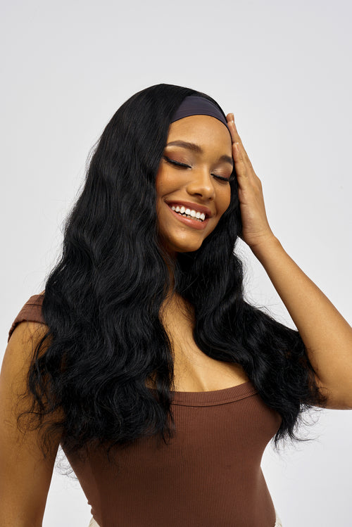 Body Wave Headband Wig Human Hair Headband Wigs Glueless None Lace Front Wig Wear and Go Wigs 200% Density Natural Black Color